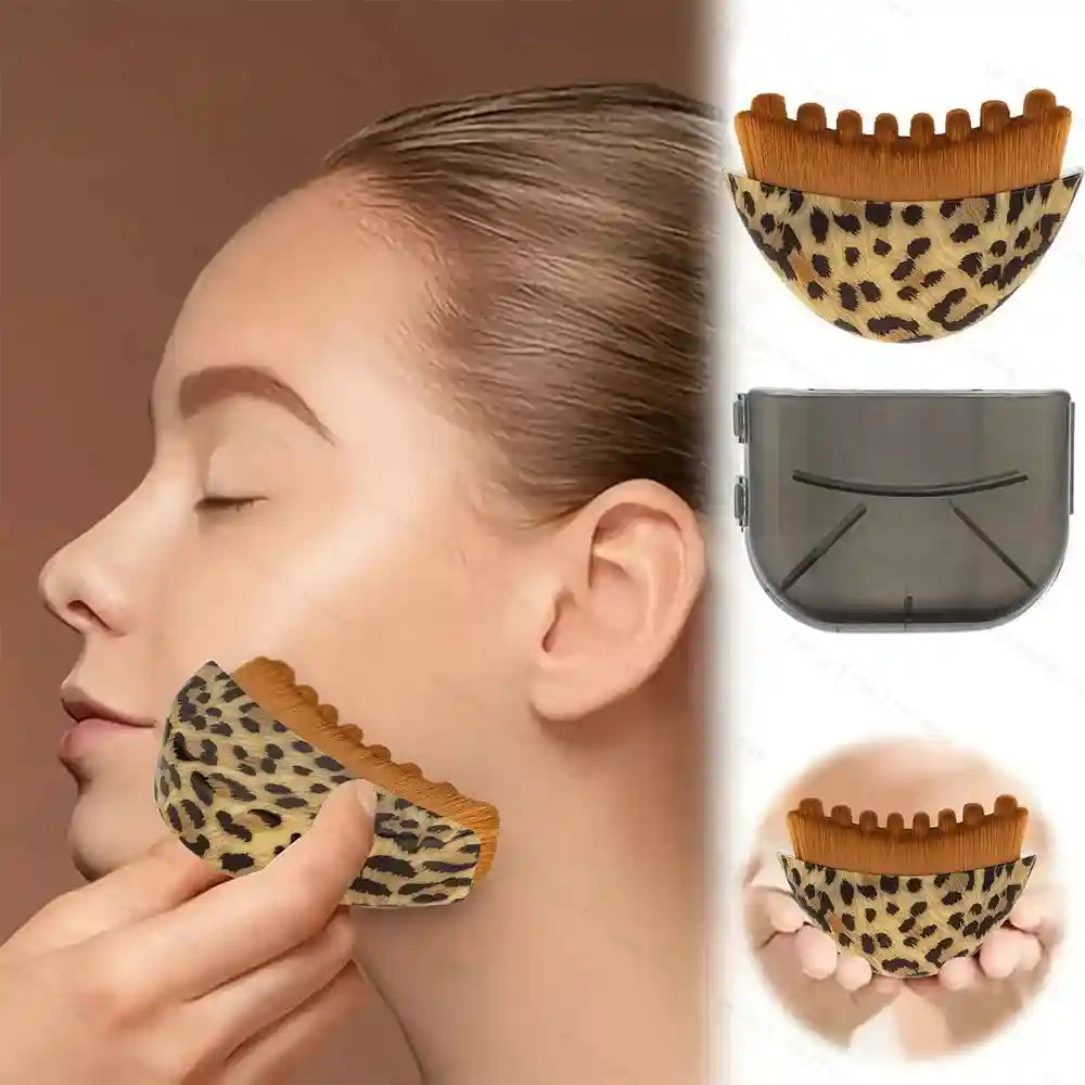 Leopard-print facial contouring brush with scalloped brown bristles being used to massage a person's jawline.