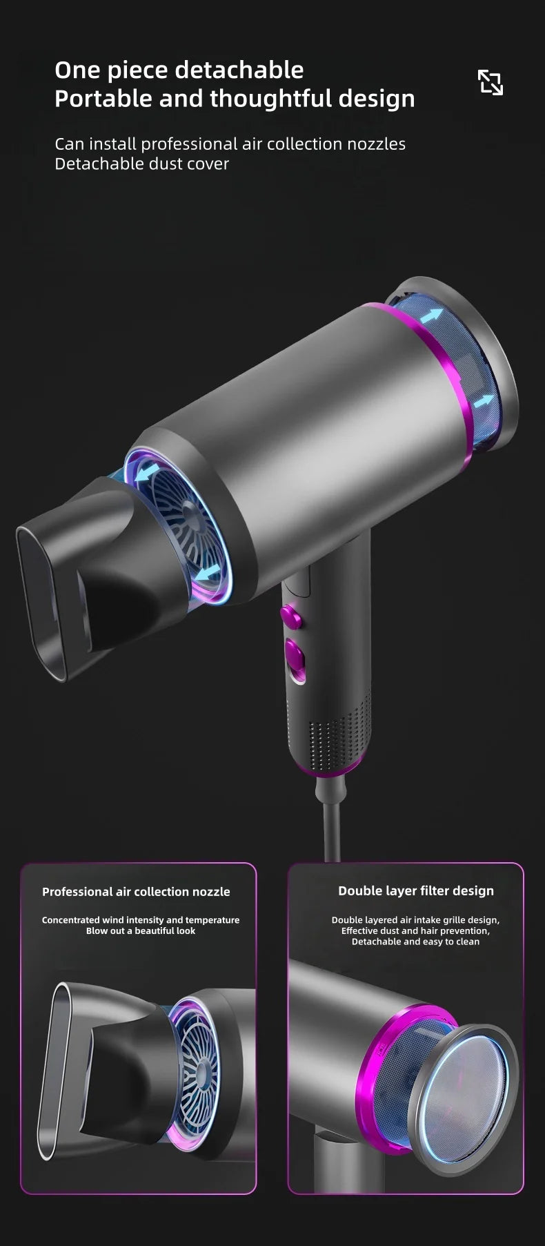 Grey 2400W foldable hair dryer with purple accents, professional nozzle attachment, and detachable double-layer filter.