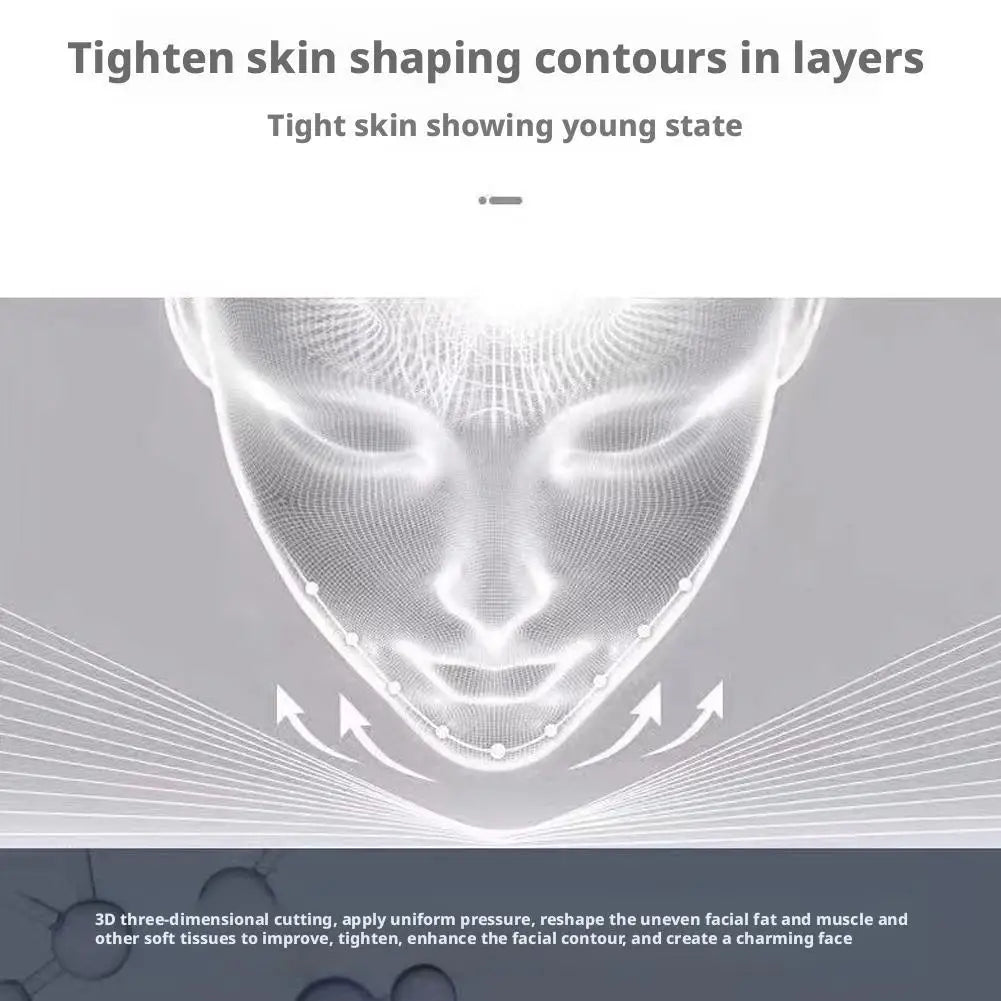 Graphic illustration of a wireframe face showing pressure points along the jawline to tighten facial contours.