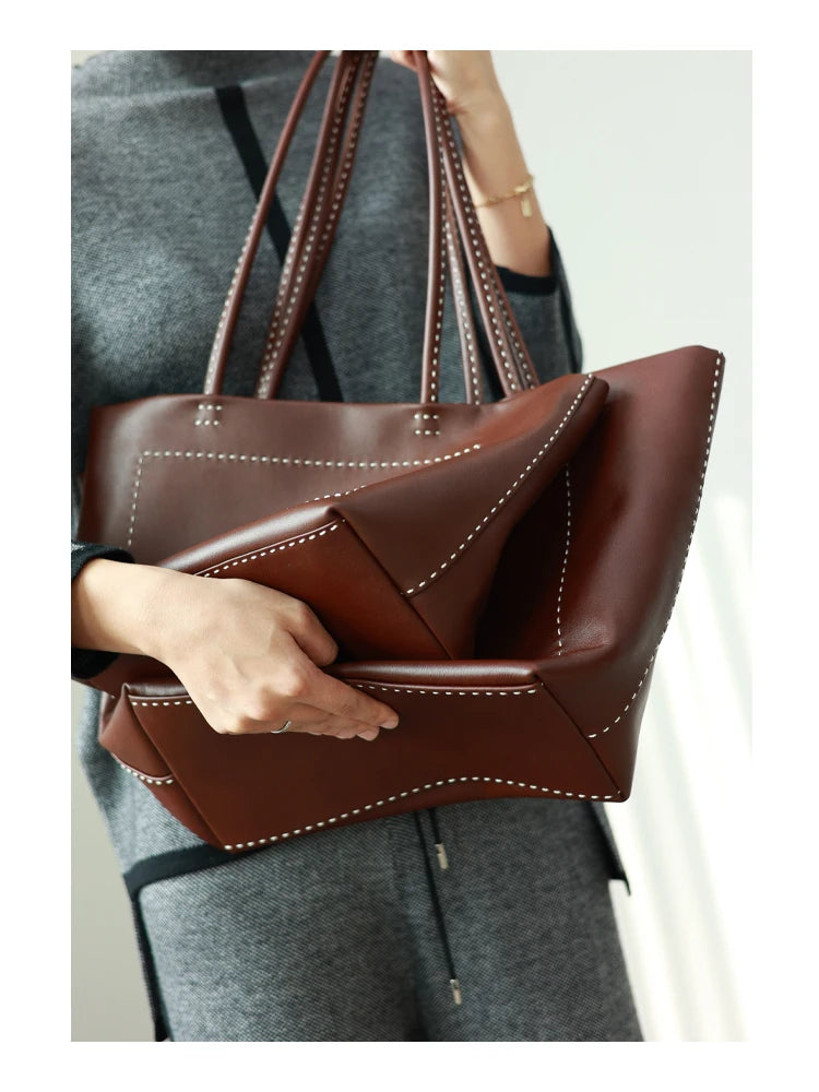 Women Large Capacity Genuine Leather Tote Soft Shoulder Bag