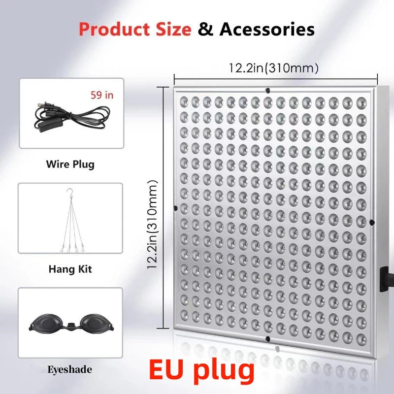 Square red light therapy panel (12.2x12.2in) with 225 LED lights, power cord, hanging kit, and protective eyewear.