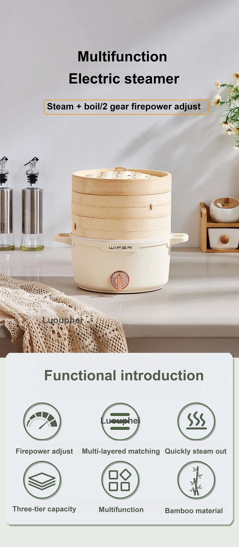 2.2L double-layer bamboo steamer electric cooking pot with steamer lid and base on countertop