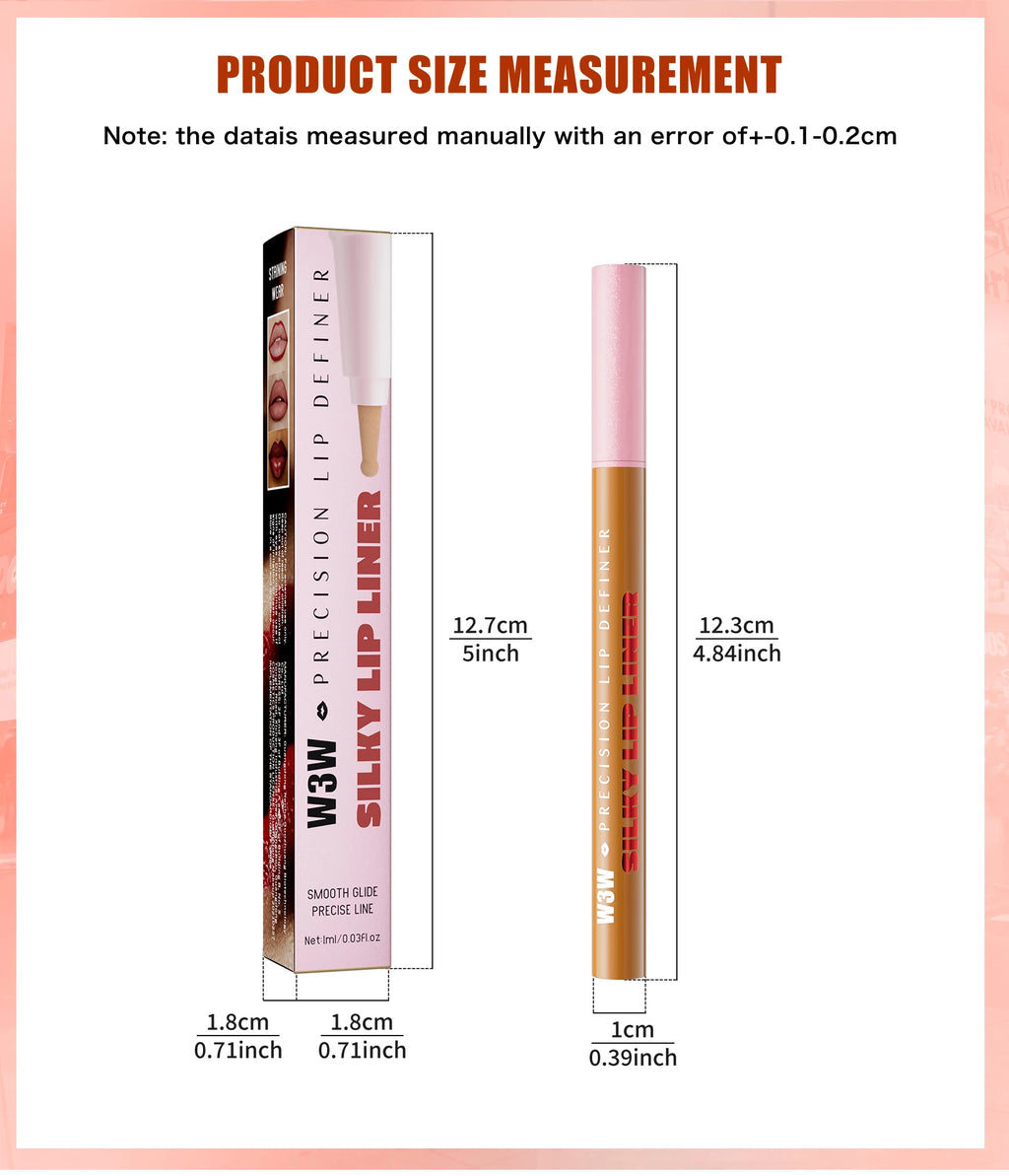 Waterproof silky matte lip liner pencil and packaging, 12.3cm long, showing product measurements for precision lip makeup.