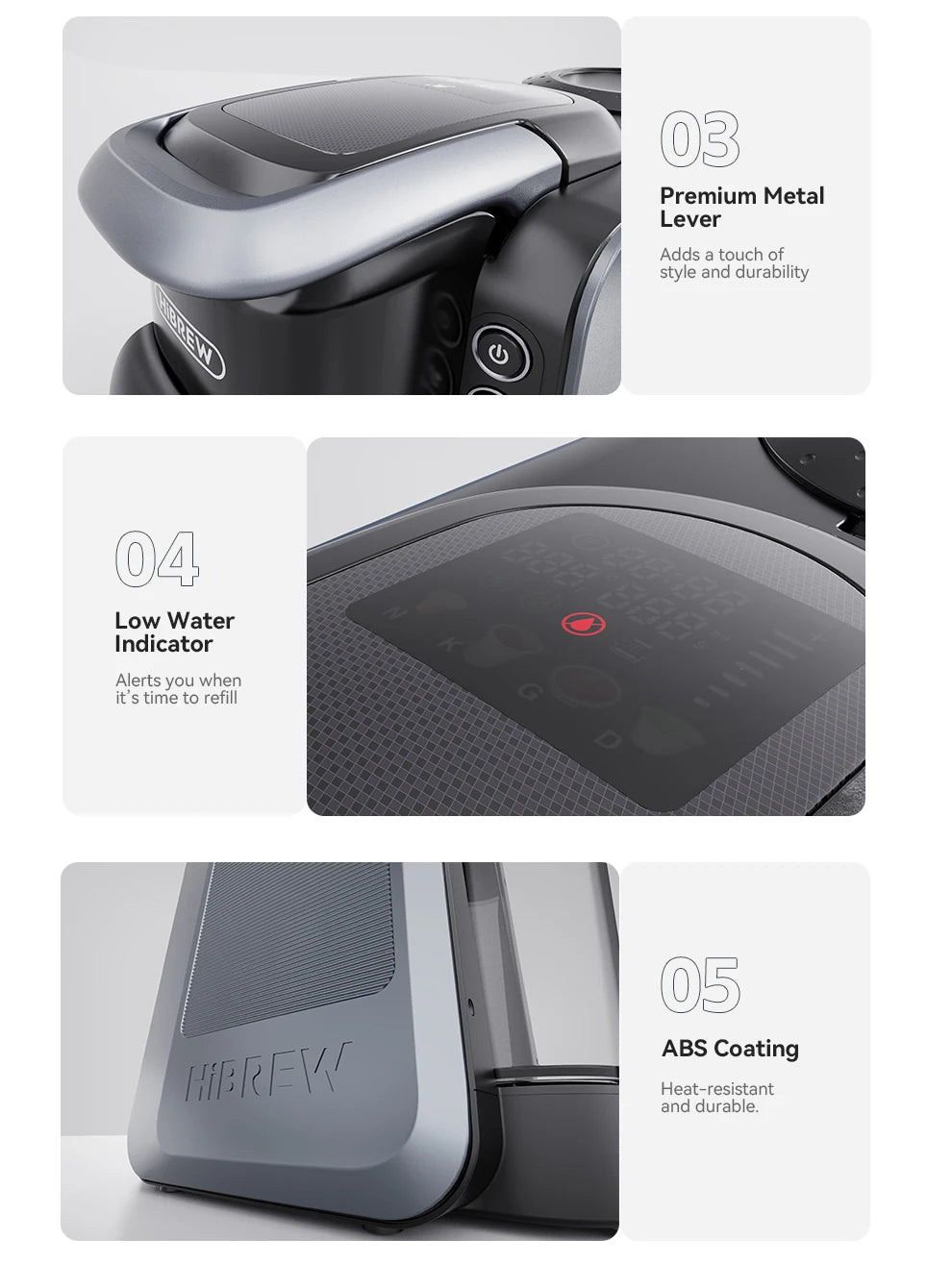HiBREW coffee maker featuring premium metal lever, digital low water indicator display, and durable gray ABS coating.