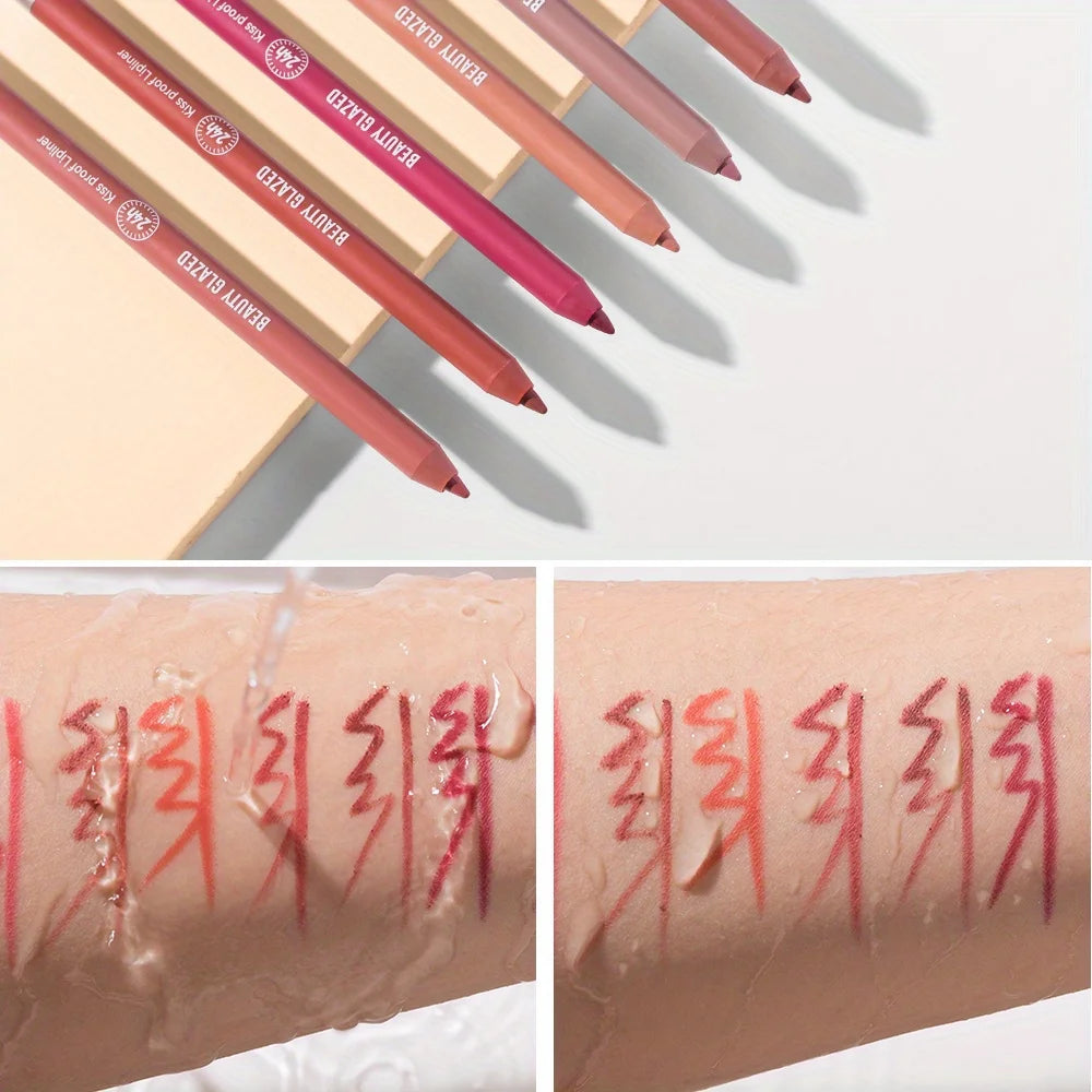 Beauty Glazed matte waterproof lip liner set featuring high-pigment shades and long-lasting smudge-proof arm swatches.