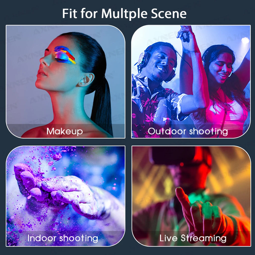 LED fill light used for makeup, outdoor photography, indoor artistic shots, and live streaming in colorful lighting.