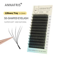 Tray of black 5D volume eyelash extensions with 12 rows of varying lengths from 9mm to 13mm for professional use.