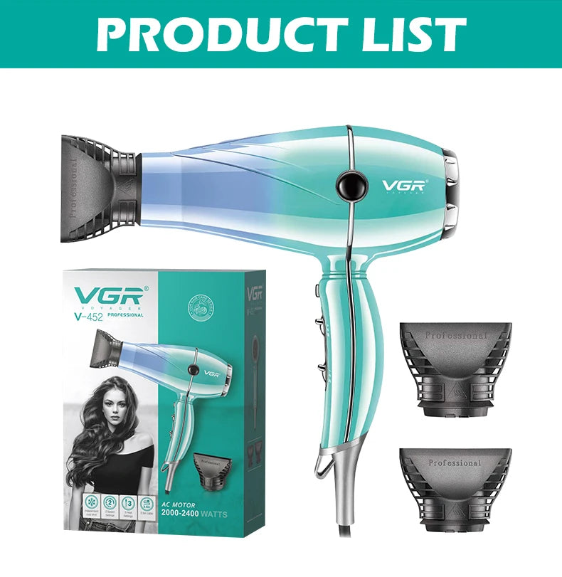 VGR V-452 professional negative ion hair dryer, teal gradient finish with two styling nozzles for fast hair drying.