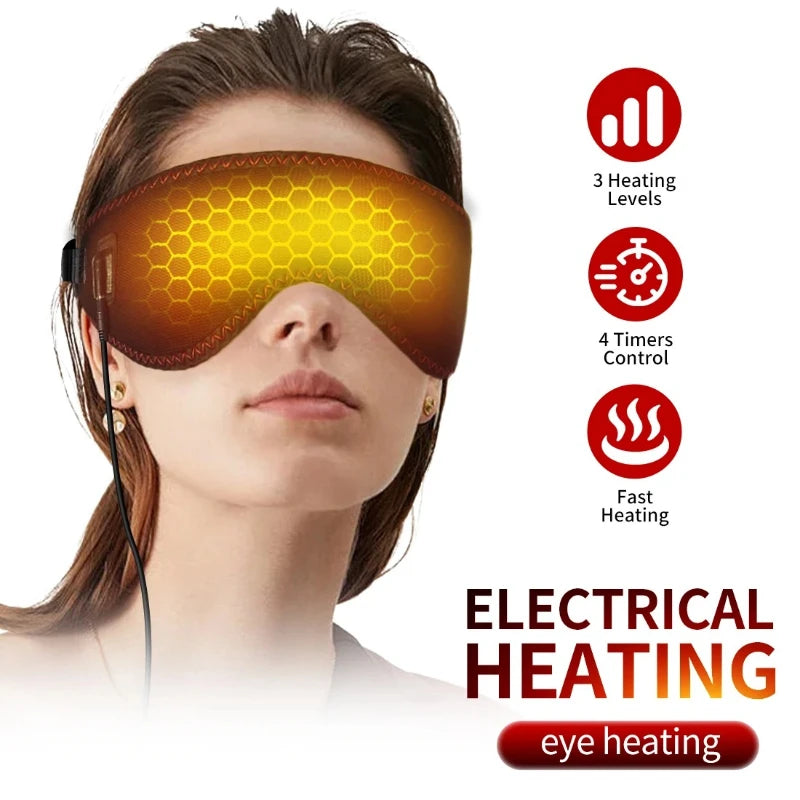 A woman wears a brown electric heated eye mask featuring a glowing yellow hexagonal grid pattern and a power cord.