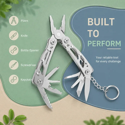 Silver folding multi-tool pliers with knife, bottle opener, screwdriver, and keychain ring