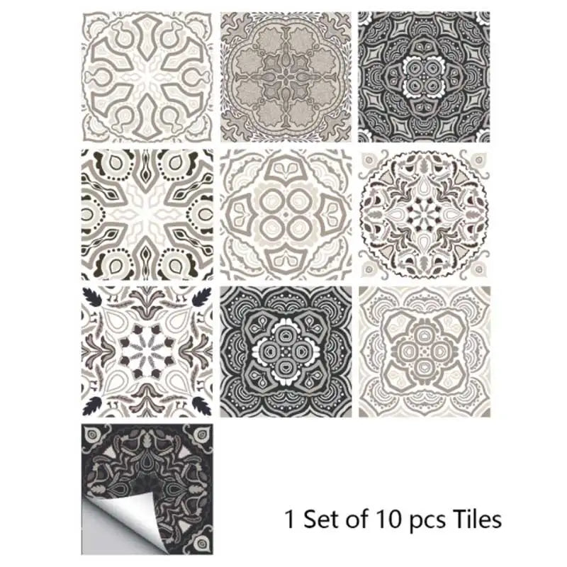 Moroccan tile stickers, black and gray lace-like medallion patterns, set of 10