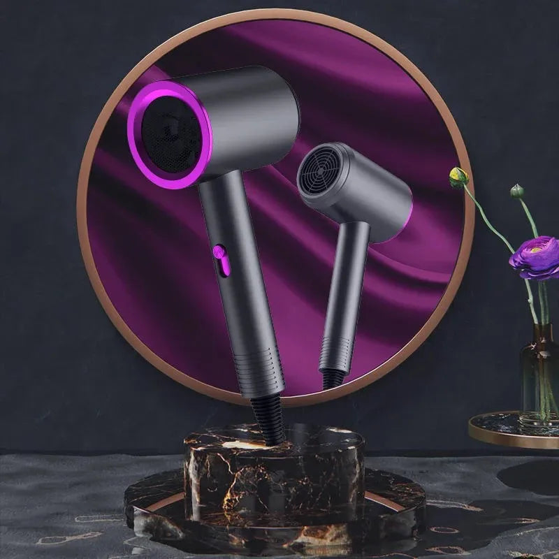 Professional high-speed hair dryer in matte grey with purple ring, negative ion tech, and sleek ergonomic design.