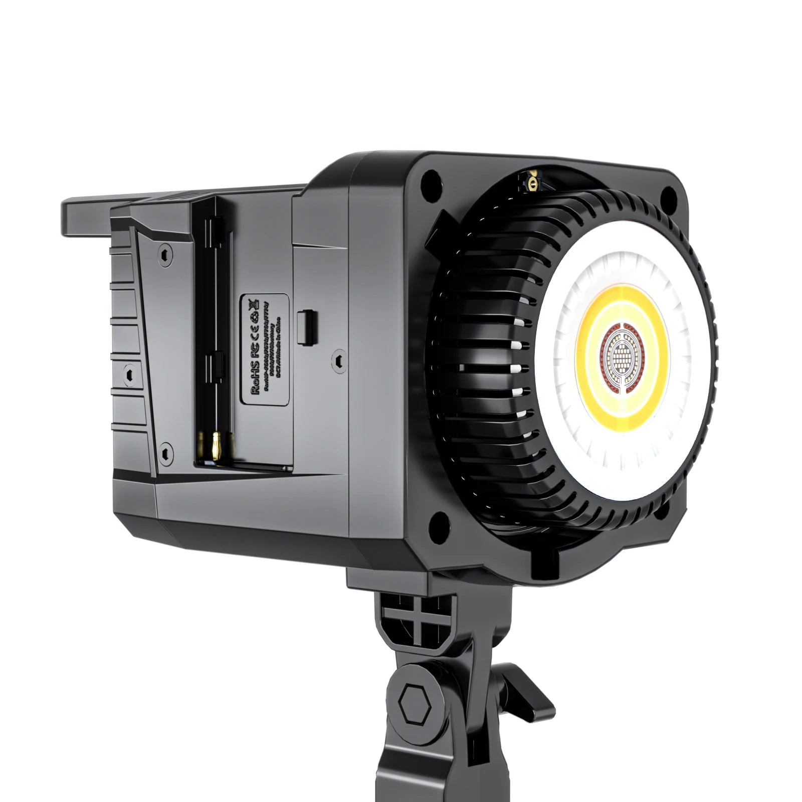 Black COB LED video light with a circular light source, battery slot, and adjustable mounting bracket for photography.