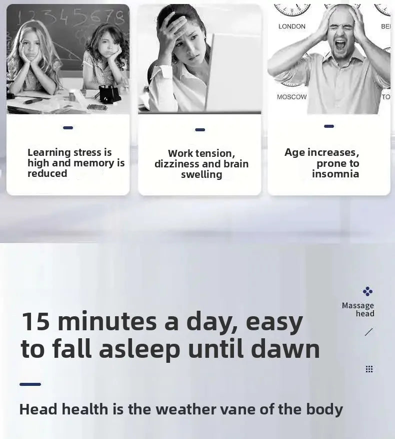Integrated head and eye massager helmet for stress relief, insomnia, and scalp therapy. Portable home massage device.