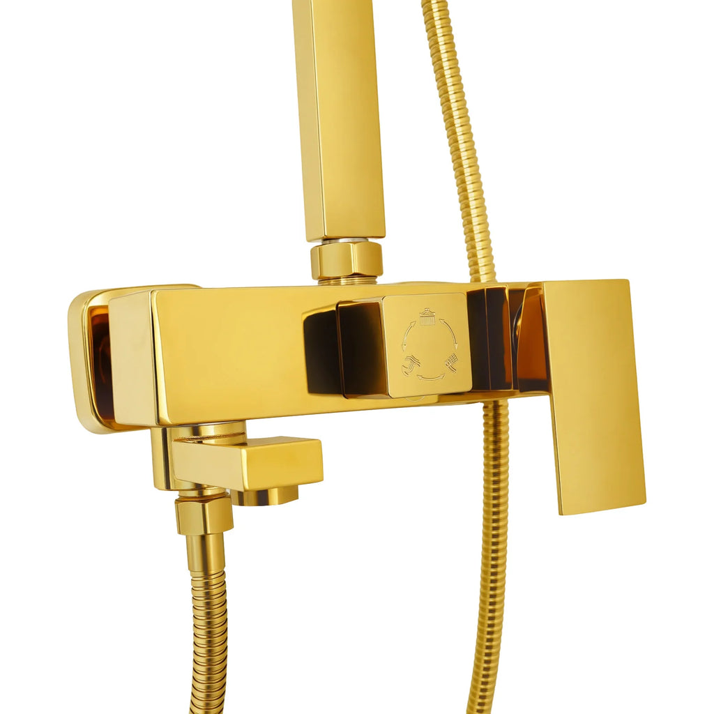 Adjustable Gold Brass Shower Column Set, Rain Shower & Handheld Shower with Stainless Steel Hose, Bathroom Shower Faucet Set