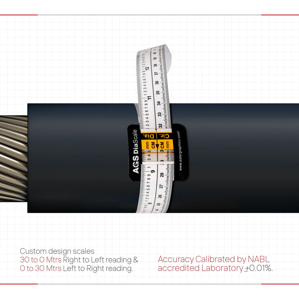 Flexible diameter measuring scale on dark pipe with inch and cm markings