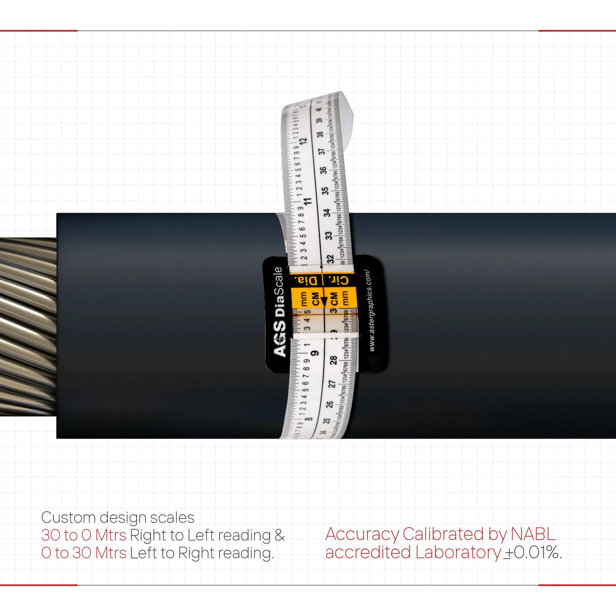 Flexible diameter measuring scale wrapped on dark cylindrical pipe with cm markings