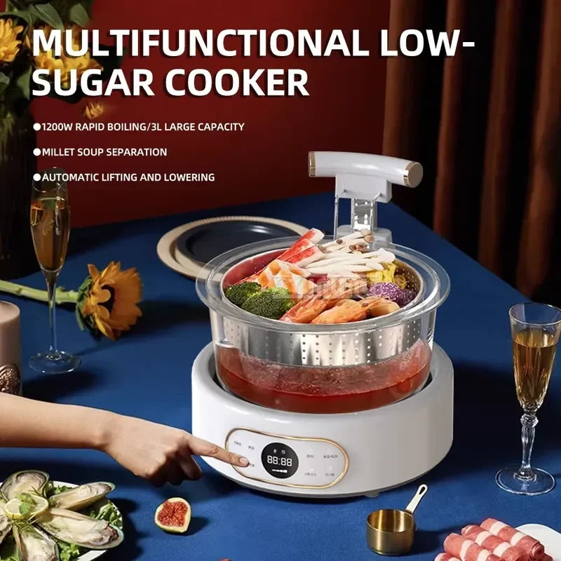 White multi-cooker steaming setup with stainless basket and lifting spout over food