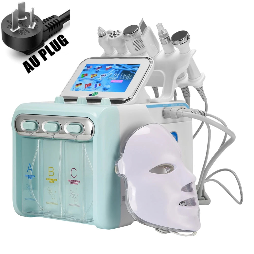 7-in-1 H2O2 hydro oxygen facial machine with touch screen, solution bottles, multiple wands, and LED therapy mask.