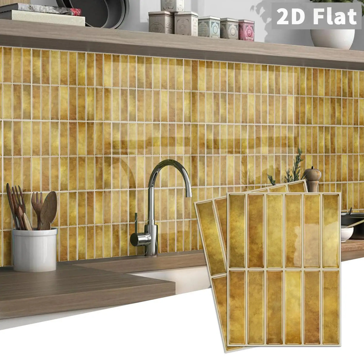 Self-adhesive square tile decal set in warm gold, peel-and-stick wall stickers