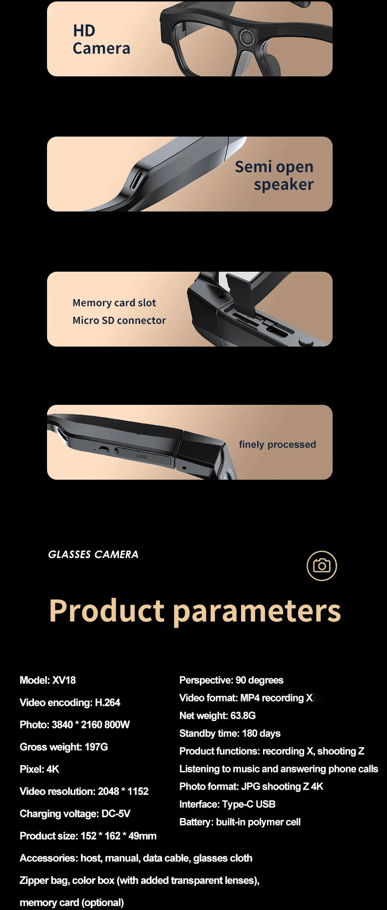 Smart Glasses With 4K Camera - Bluetooth Audio - Tidesmit 64G Tidesmit