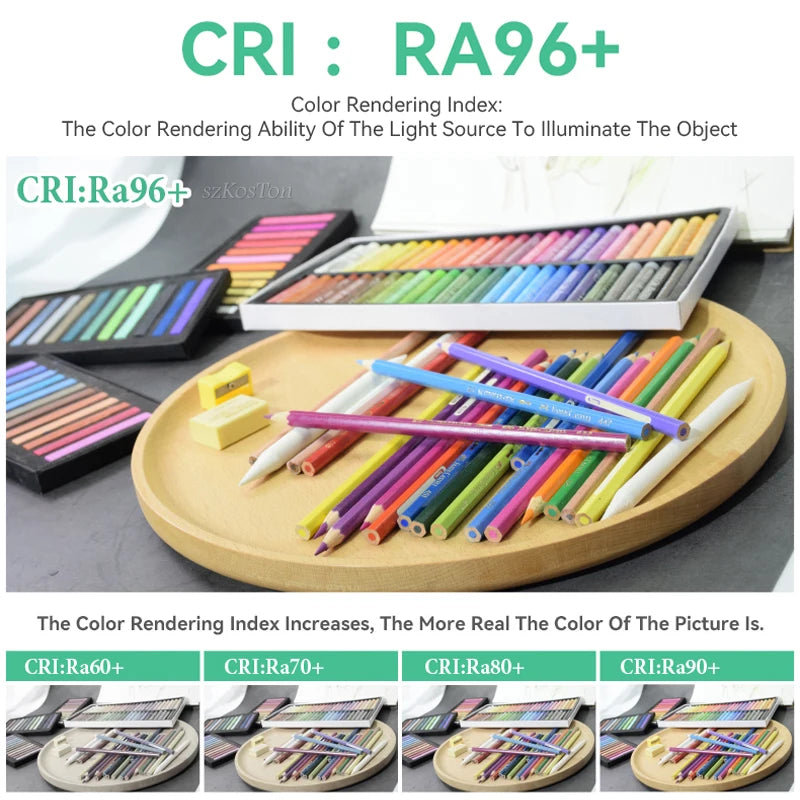 Colored pencils and chalk pastels in various colors on a round wooden tray with a yellow sharpener and eraser.
