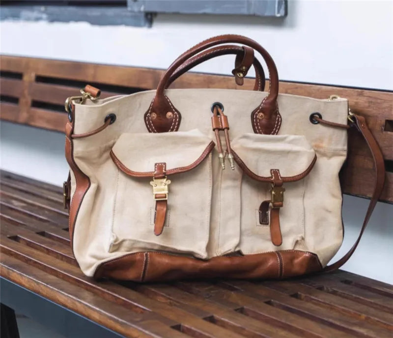 Organizers designers handmade heavy canvas genuine leather men's large-capacity handbags vintage luxury outdoor travel tote bag