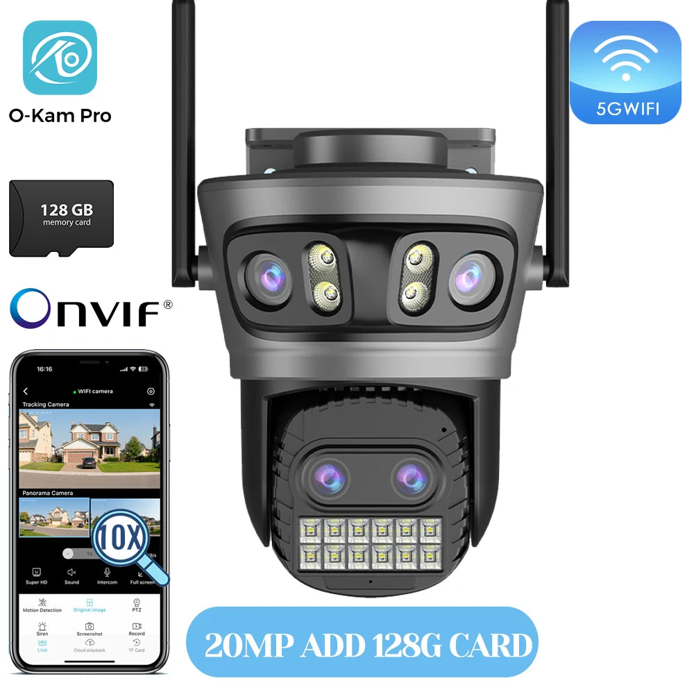PTZ WiFi security camera with antenna and 20MP add 128G card label