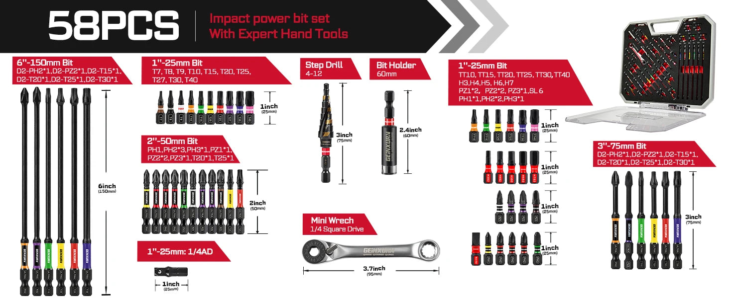Geinxurn Tools Set Packaged with Screwdriver Bit,Mini Wrench,Socket Driver,Step Drill,Socket Adapter and Bit Holder for DIY