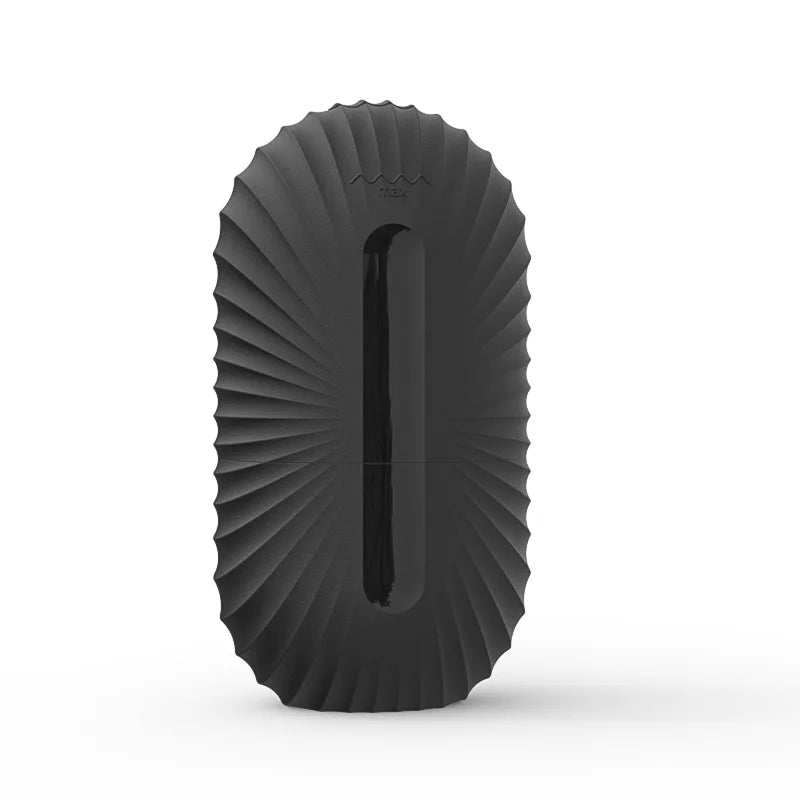 Oval, matte black silicone ice roller mold with a fluted, sunburst texture and a vertical central cutout.
