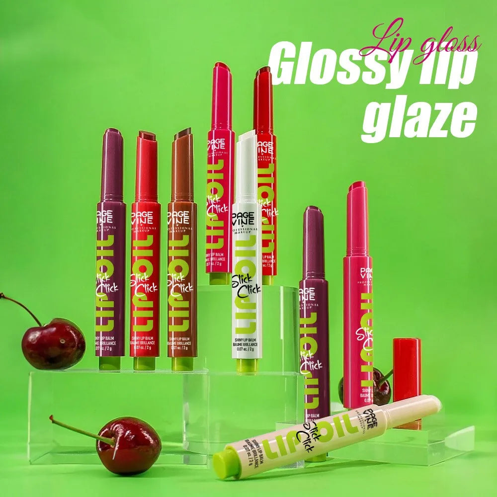 Click-press moisturizing lip gloss set in various shades, offering a shiny, non-fade plump finish on a green background.