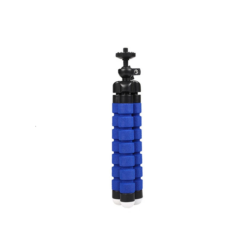 Flexible mini tripod with blue foam-covered legs and a black ball head for mounting cameras or smartphones.