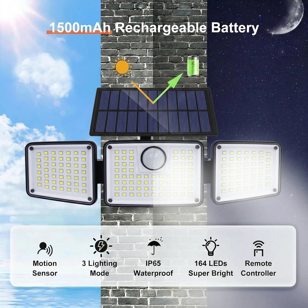 2PCS Solar Lights Outdoor Waterproof, 164LED Motion Sensor Outdoor Lights 3 Heads Security Flood Light 3 Lighting Mode for Patio