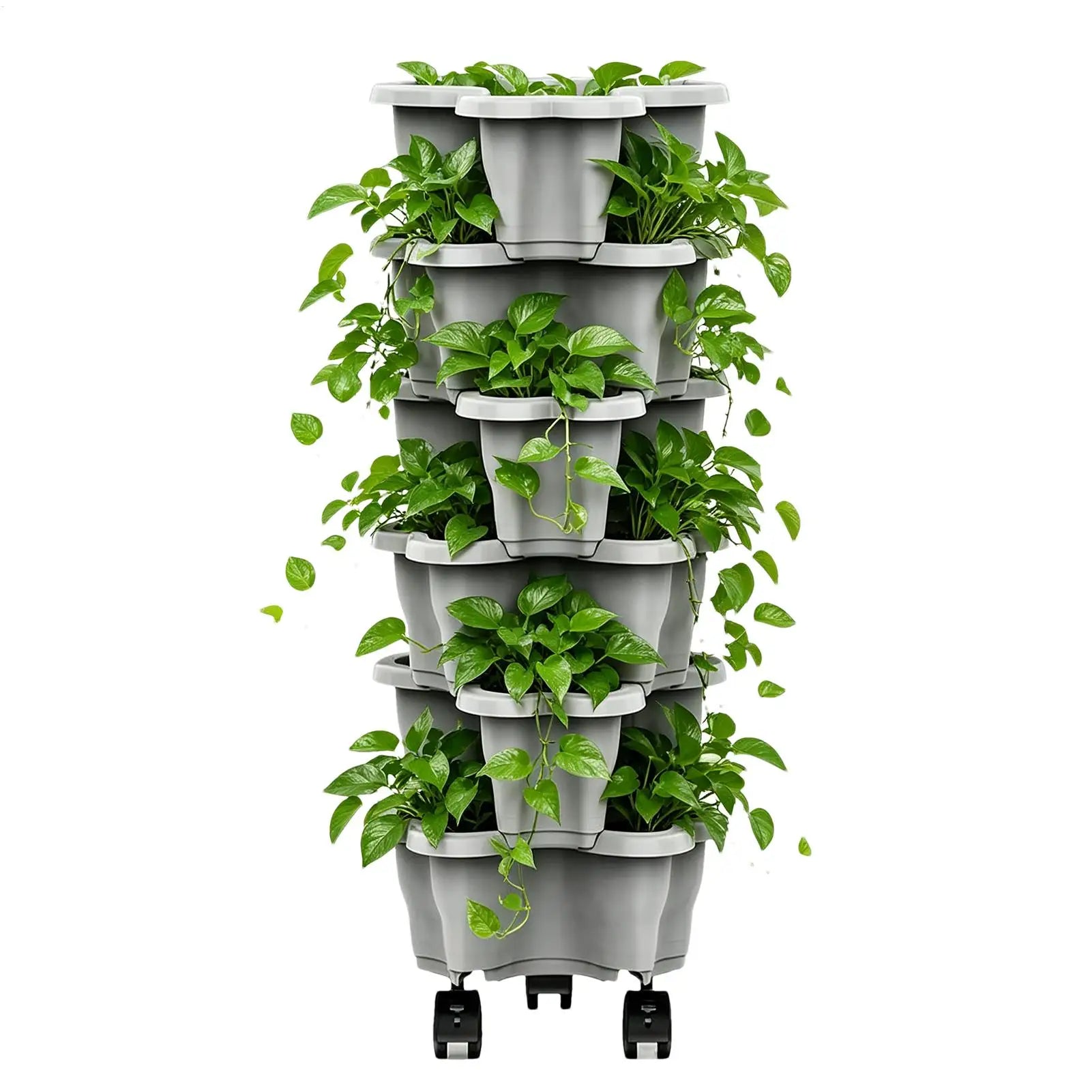 Tall vertical planter tower with trailing vines and leafy plants on casters