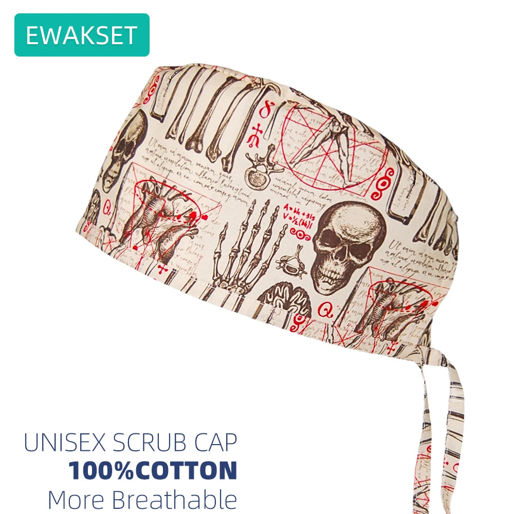 Adjustable cotton unisex scrub cap with anatomical skull print for vet, medical, and dental professionals. Breathable.