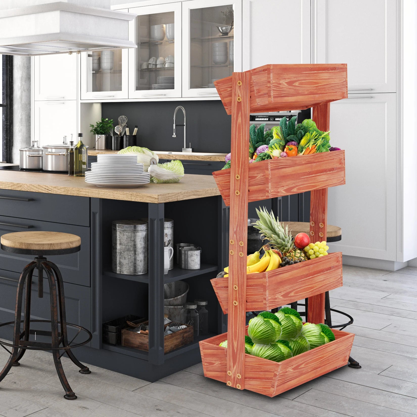 Reddish brown 4-tier vertical raised wooden planter box indoors filled with vegetables