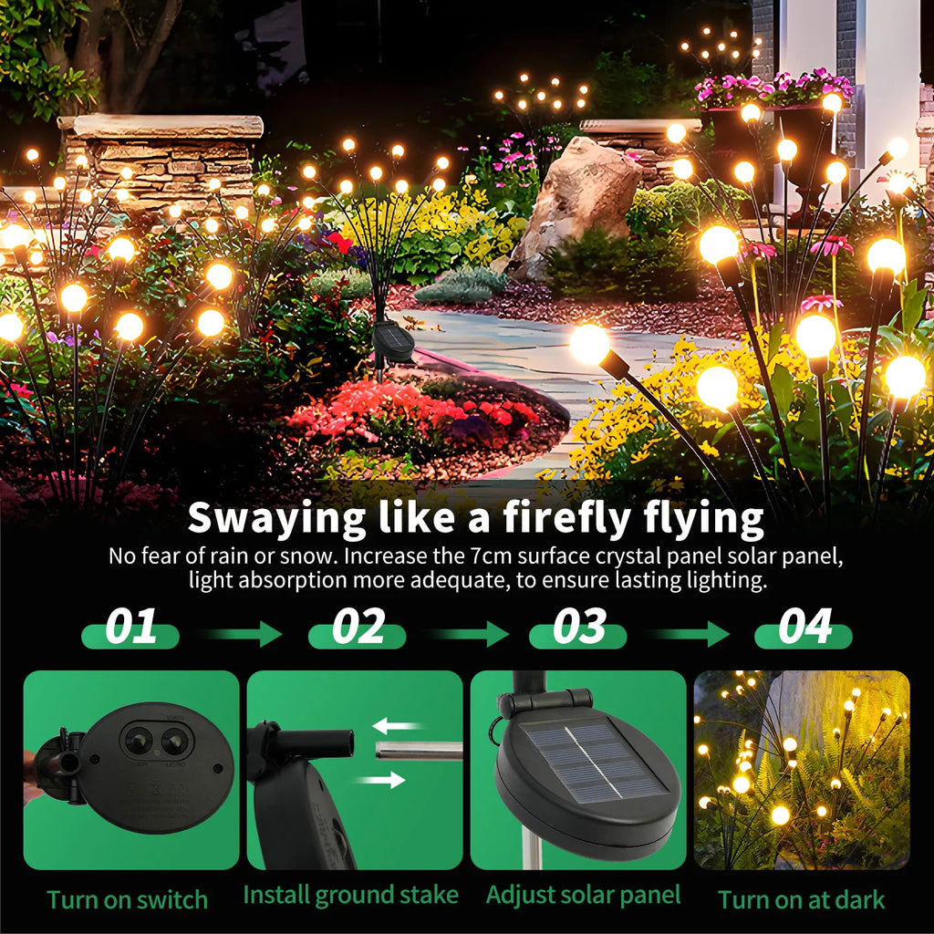 2Pack 8-Head Solar Firefly Lights Outdoor Pathway Decorative Garden IP651 Waterproof High Flexibility Iron Wire Heavy-Duty Bulb Base