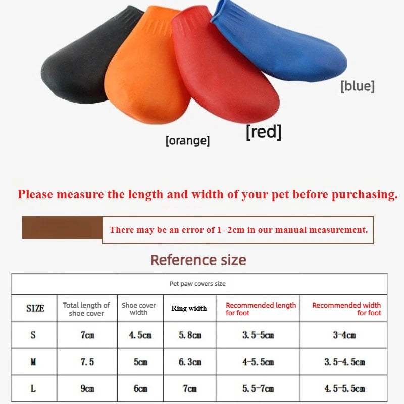 Waterproof rubber dog boots in various colors for anti-slip paw protection and comfortable outdoor walking.