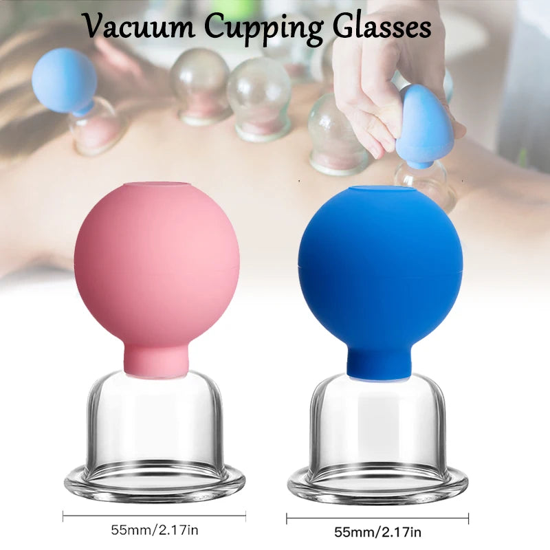 Two vacuum cupping therapy tools with glass cups and pink or blue rubber bulbs, shown against a blurred treatment scene.