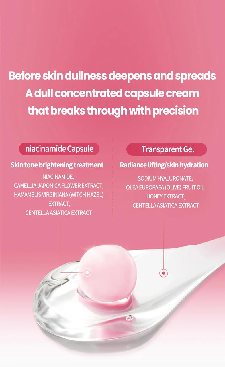 A pink capsule resting in clear gel on a spoon, with infographic text explaining its niacinamide and hydration benefits.