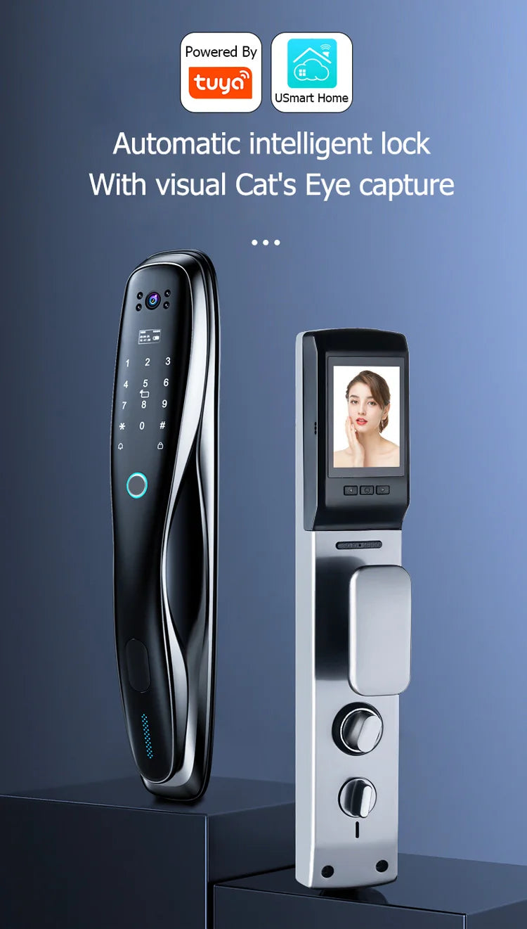 Wifi Outdoor Face Recognition Door Lock System Fingerprint Rf Id Card Keyless Smart Lock Camera Video Capture Rechargeable