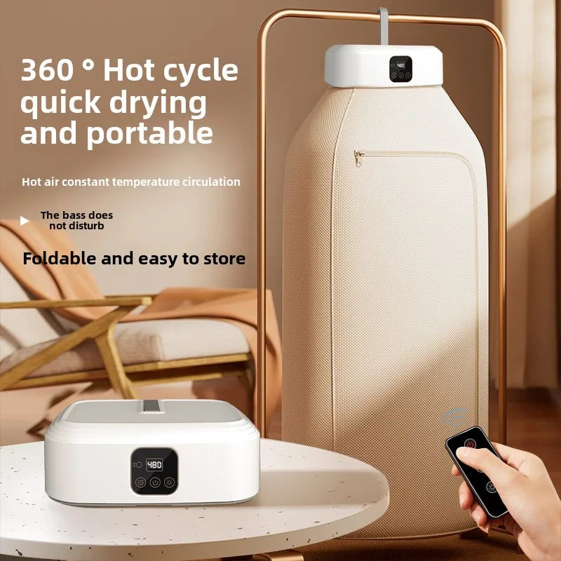 Tidesmit portable mini clothes dryer showing foldable 360-degree hot air system for socks and underwear