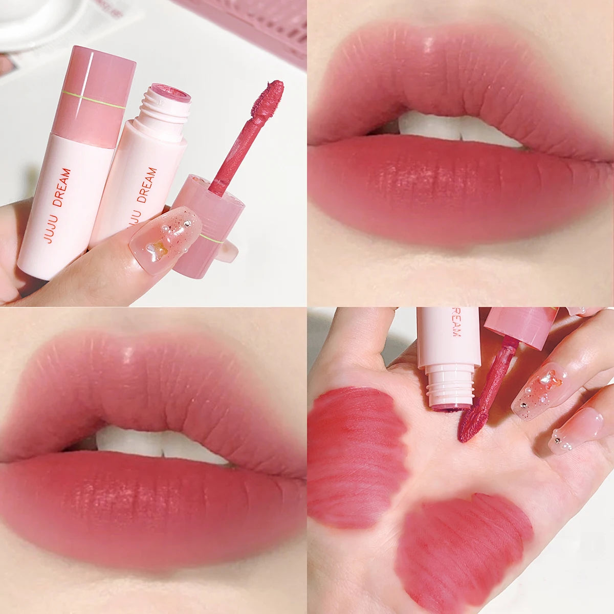 JUJU DREAM matte lip glaze with pink tube, velvet texture, long-lasting rose lip swatches, and non-stick applicator.