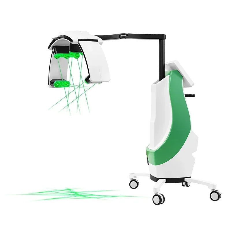 Standing LLLT fat burning machine with white and green design, emitting painless green laser light for weight loss.