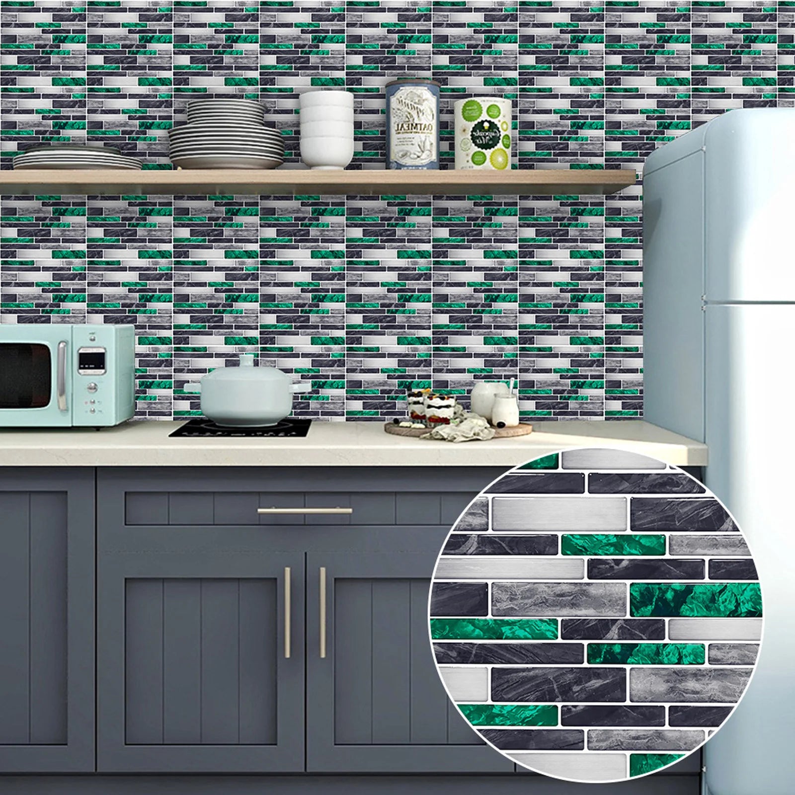 Self-adhesive 3D mosaic tile stickers with gray and green brick pattern in kitchen backsplash