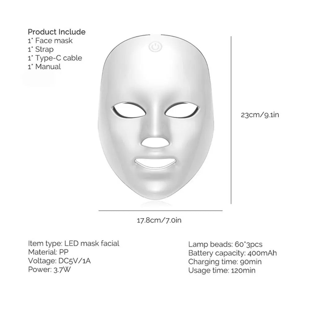 White, smooth, oval-shaped LED beauty mask with eye, nose, and mouth cutouts, showing dimensions and specifications.