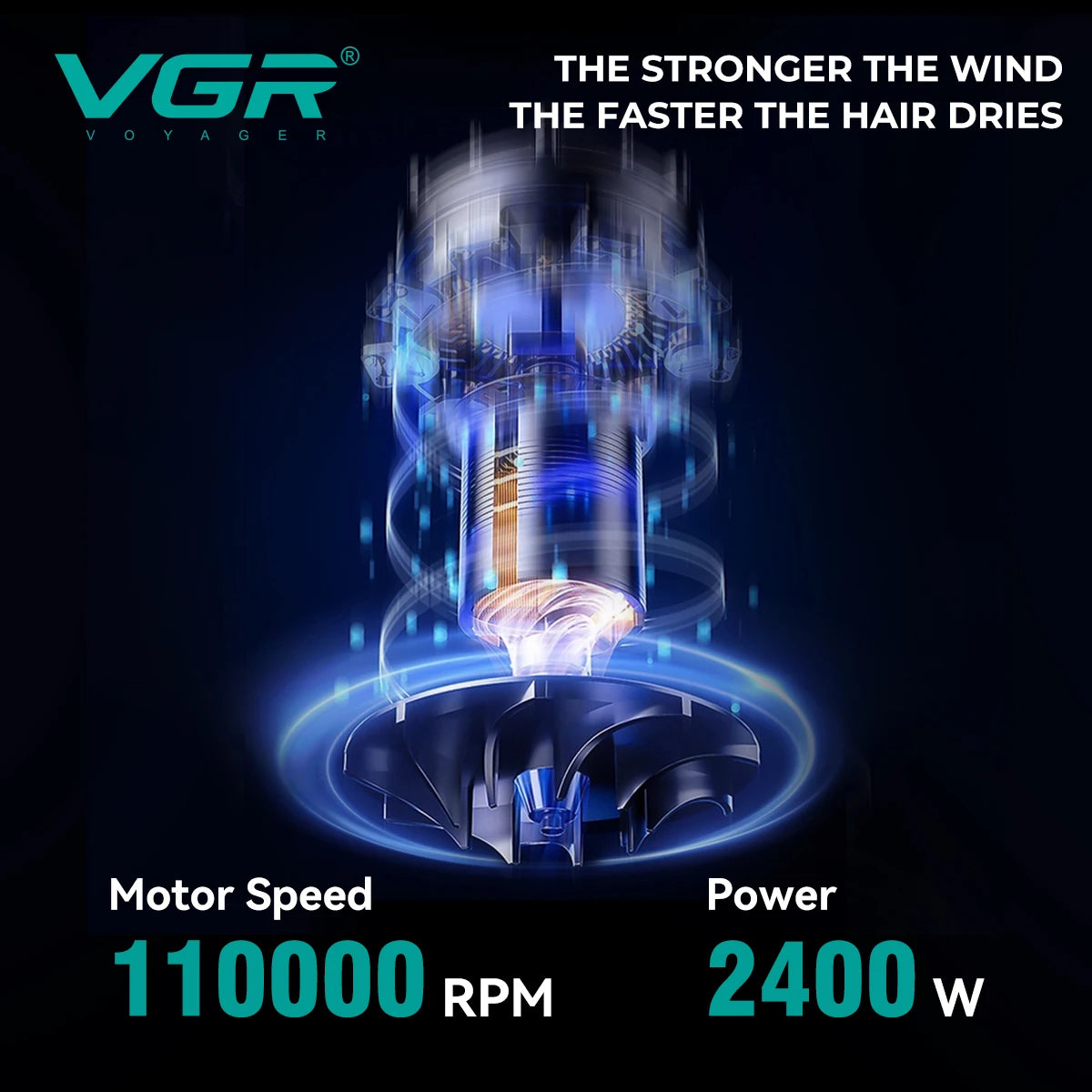 VGR V-469 professional hair dryer with 110,000 RPM BLDC motor and 2400W power for fast ionic salon hair drying.