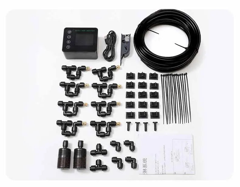 Automatic mist sprayer timing kit contents: black controller, tubing, nozzles, fittings