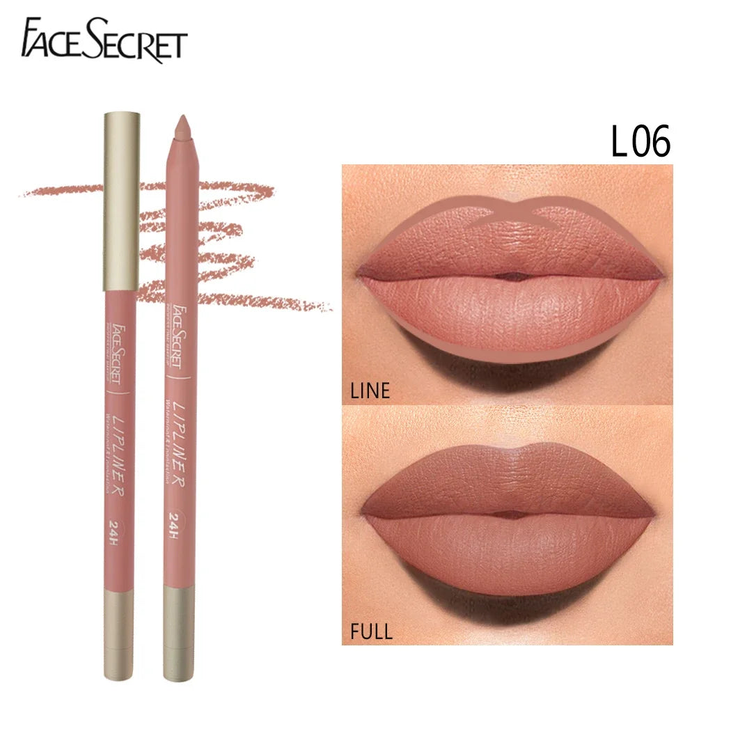 Face Secret waterproof matte lipliner pencil in L06, showing nude shade swatch and velvet lip application.