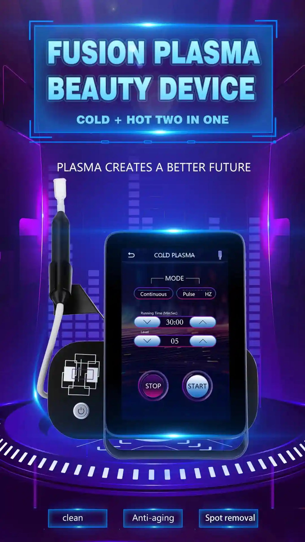 6-in-1 cold plasma beauty device with touchscreen for deep skin cleaning, anti-aging, and professional spot removal.